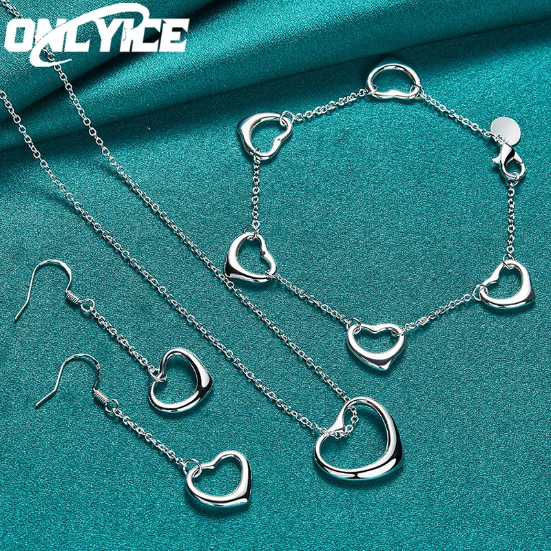 

Charm 3pcs 925 Sterling Silver Romantic Love Hearts Necklace Bracelet Earring Jewelry Set For Women Fashion Party Wedding Gifts