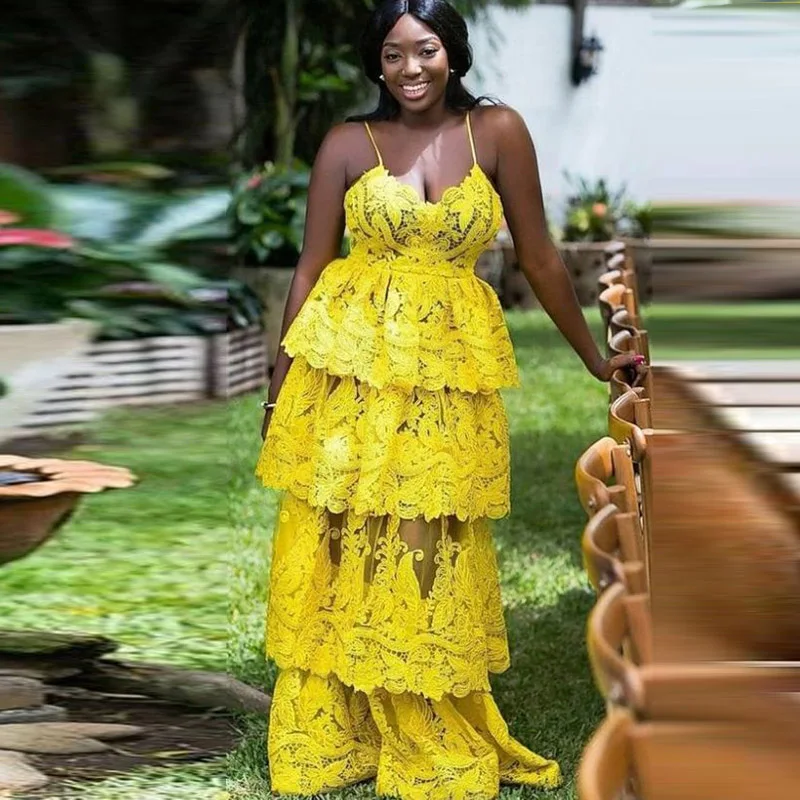 

Lace Tiered Prom Dresses Spaghetti Aso Ebi Style Evening Gowns Zipper Back Formal Party Dress Robe De Soiree