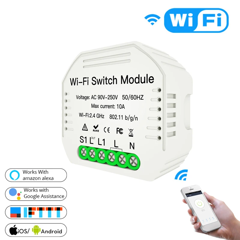 

Wifi Smart Light Switch Automation Module Smart Life/Tuya APP Remote Control Rail bracket Works with Alexa Google Home 1/2 Way