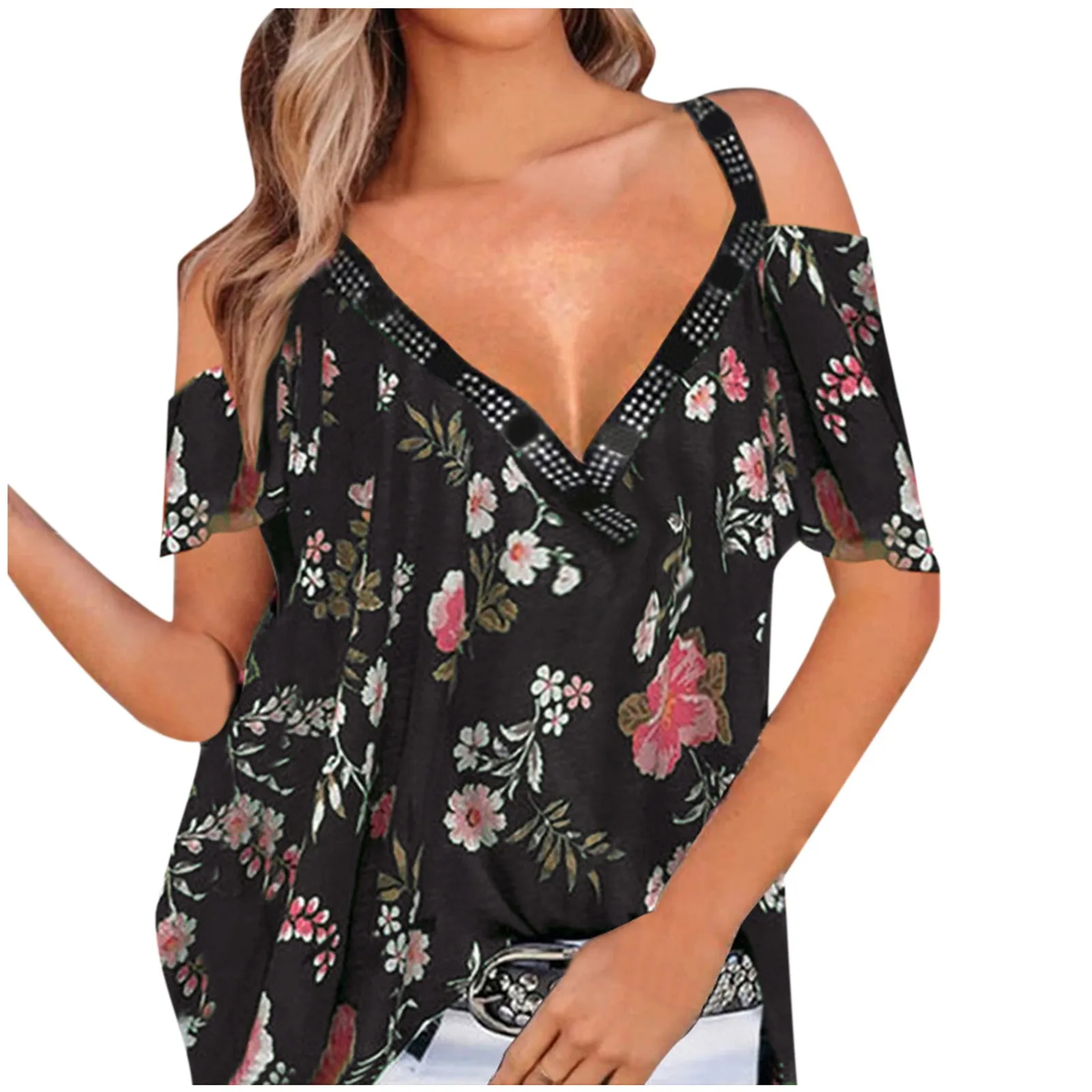 

Womens Summer Shirt Lounge Shirt Womens V Neck Cold Shoulder Short Sleeve Floral Print Loose T V Neck Polyester Shirts Women