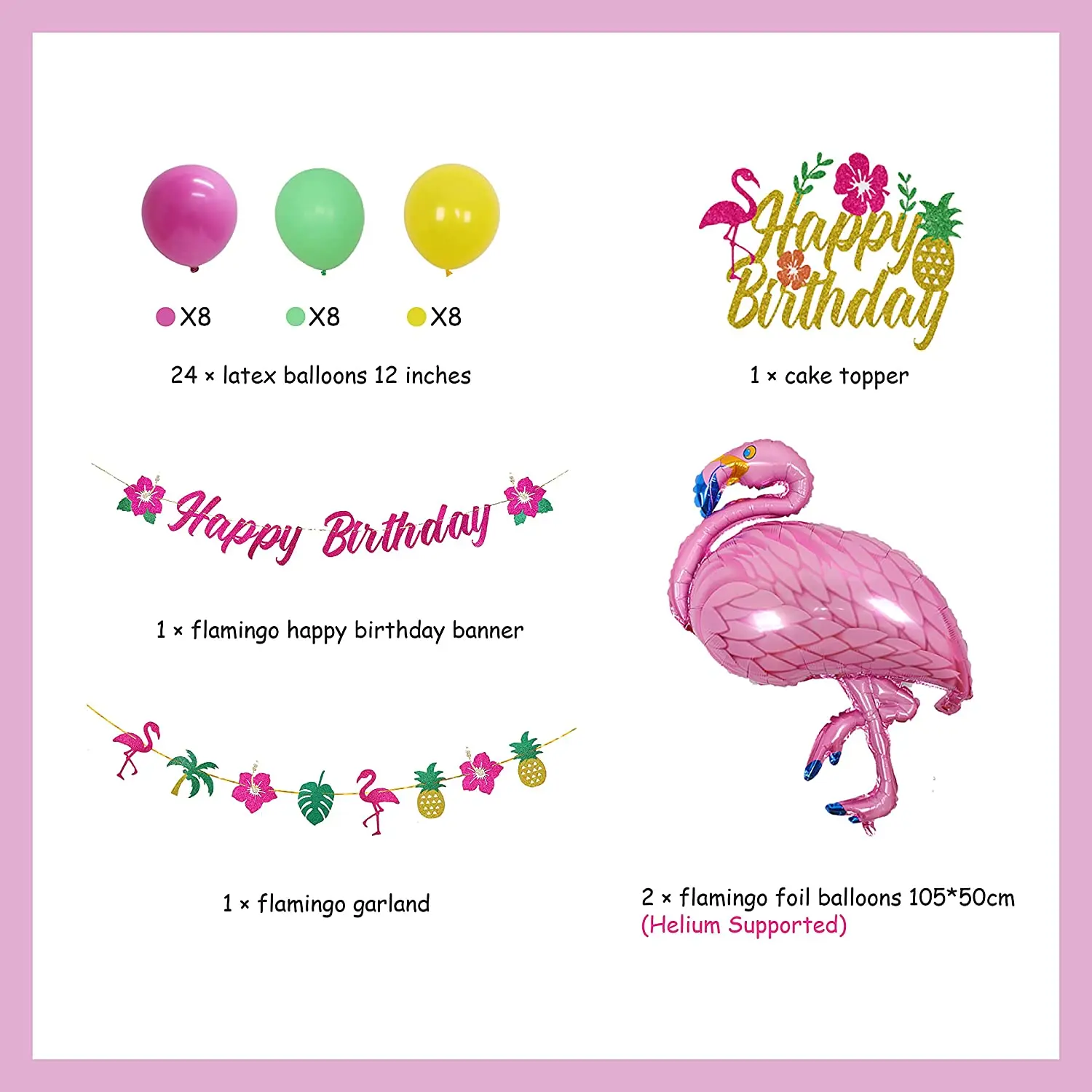 

CHEEREVEAL Birthday Party Decoration Pink Flamingo Foil Balloon Banner Pineapple Garland Cake Topper for Baby Shower Supplies