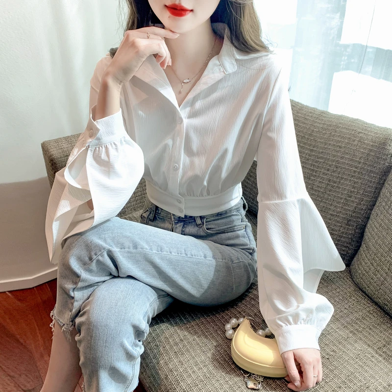 

Шифоновая рубашка для женщин, Новинка лета 2023, однотонные повседневные блузки, тонкий белый топ с длинными рукавами-летучими рукавами и отложным воротником YCMYUNYAN