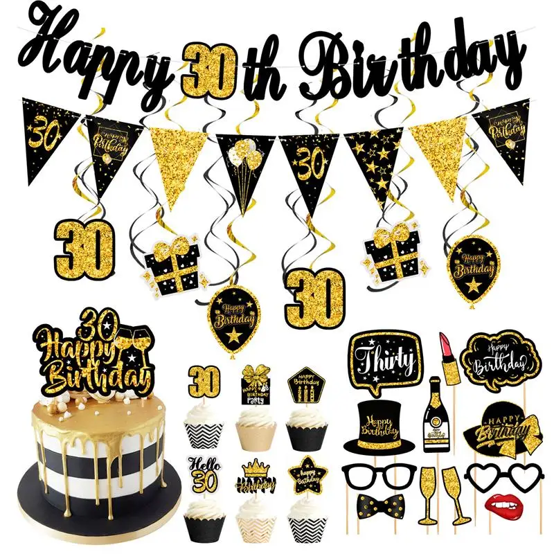 

Креативный баннер из черного золота Happy18, 20, 30, 40, 50, 60 дней рождения, Висячие булочки, гирлянды, спиральное украшение для вечеринки в честь Дня рождения 18-60