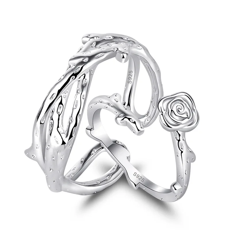 

New Fashion S925 Silvery Finger Rings Thorns and Rose Couple Opening Adjustable Ring Gifts Men and Women Jewelry Accessories