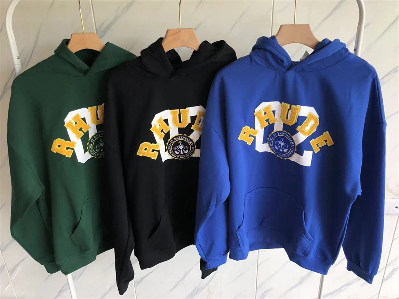 

High Quality Towel Embroidery Rhude Fleece Hoodie Men Women Patchwork Badge Pullovers Techwear