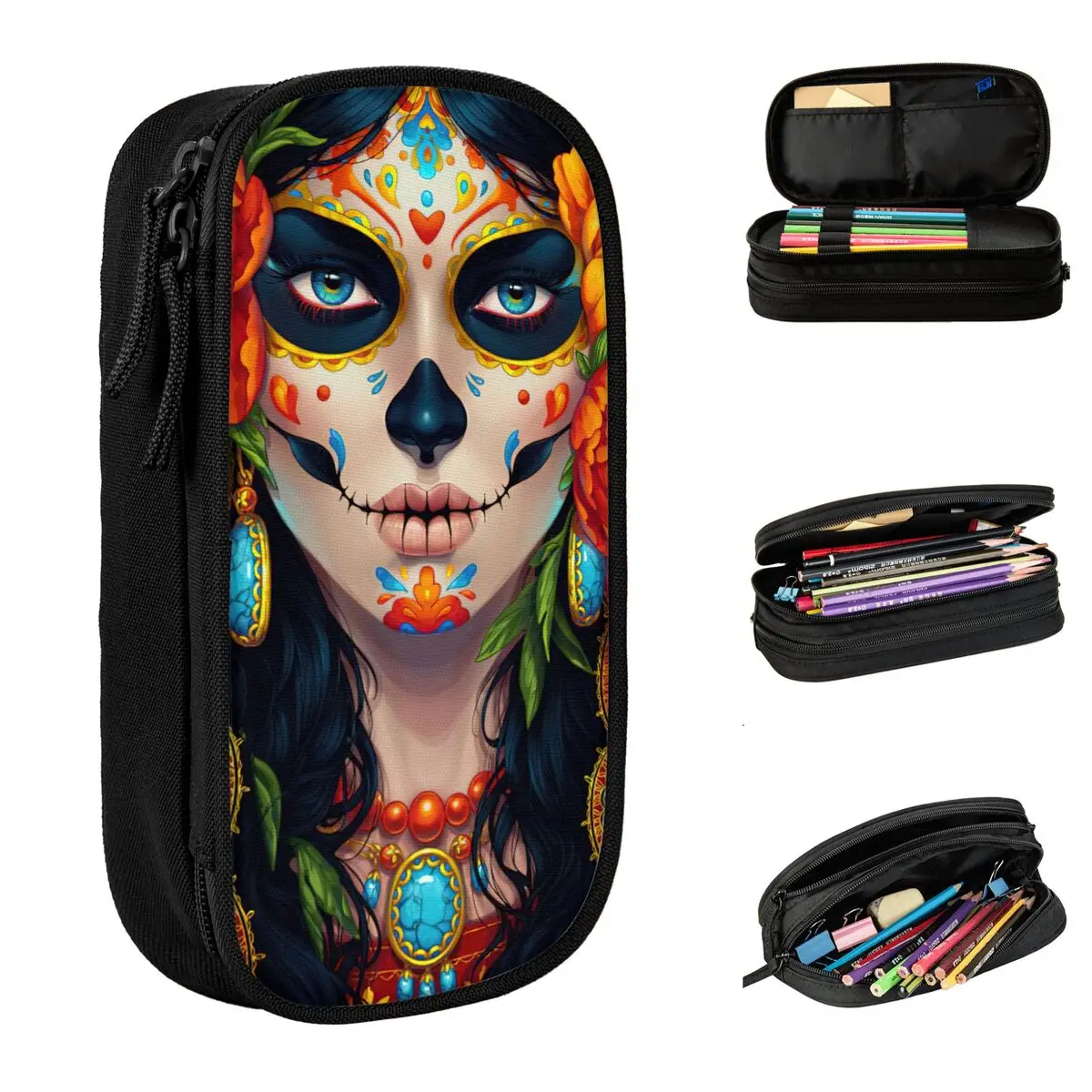 Case Santa Muerte Pencilcases Pen Holder For Girls Boys Large Bag Students School Zipper Stationery