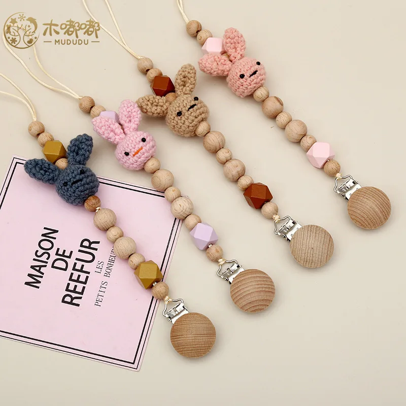 Pacifier Clips Handmade Beech Wooden Chain Bracket Silicone Pacifier Holder Dummy Clips Soother Baby Teething Toys Chew Gift