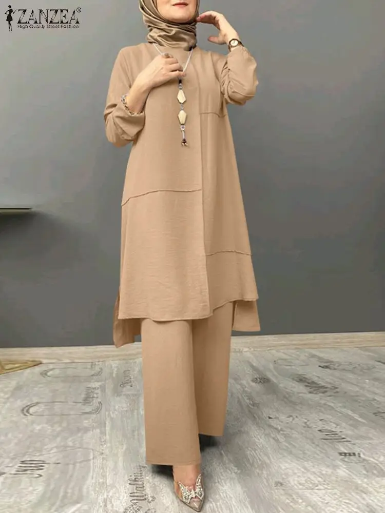 

ZANZEA Long Sleeve O-Neck Solid Color Blouse Women Muslim Suit Elastic Wide Leg Pant Femme Fashion Casual Loose Set 2PCS 2022