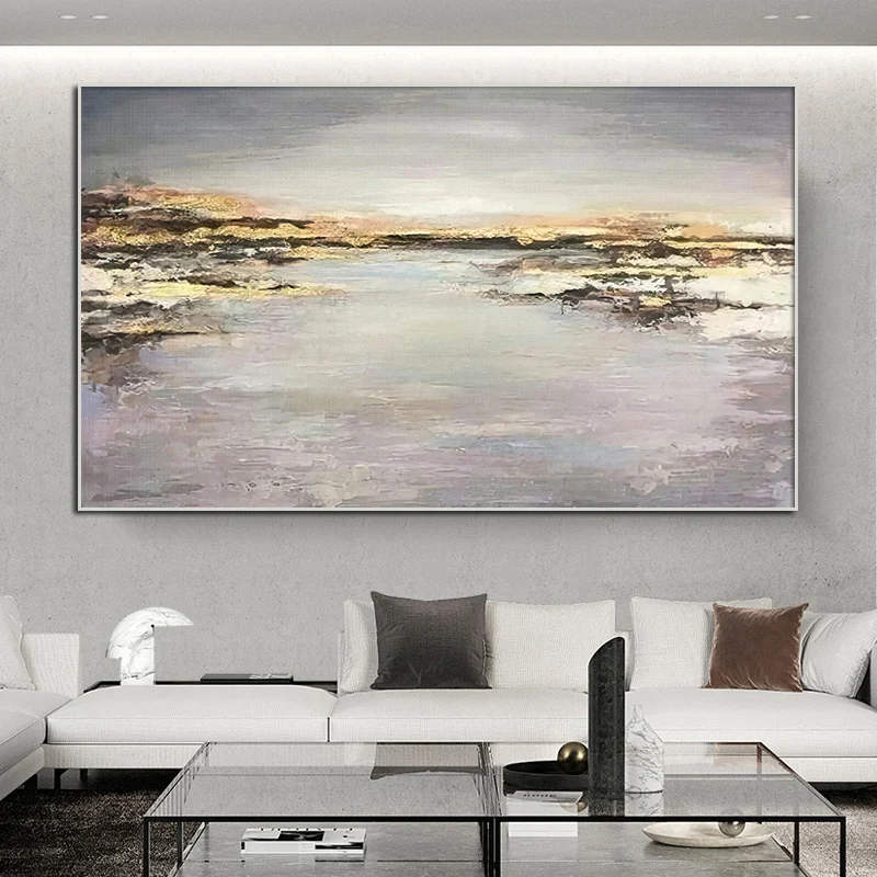 

Elegant Art Wall Pictures for Home Decoration Canvas Oil Painting Abstract Lake Landscape Gold Foil Poster for Living Room Decor