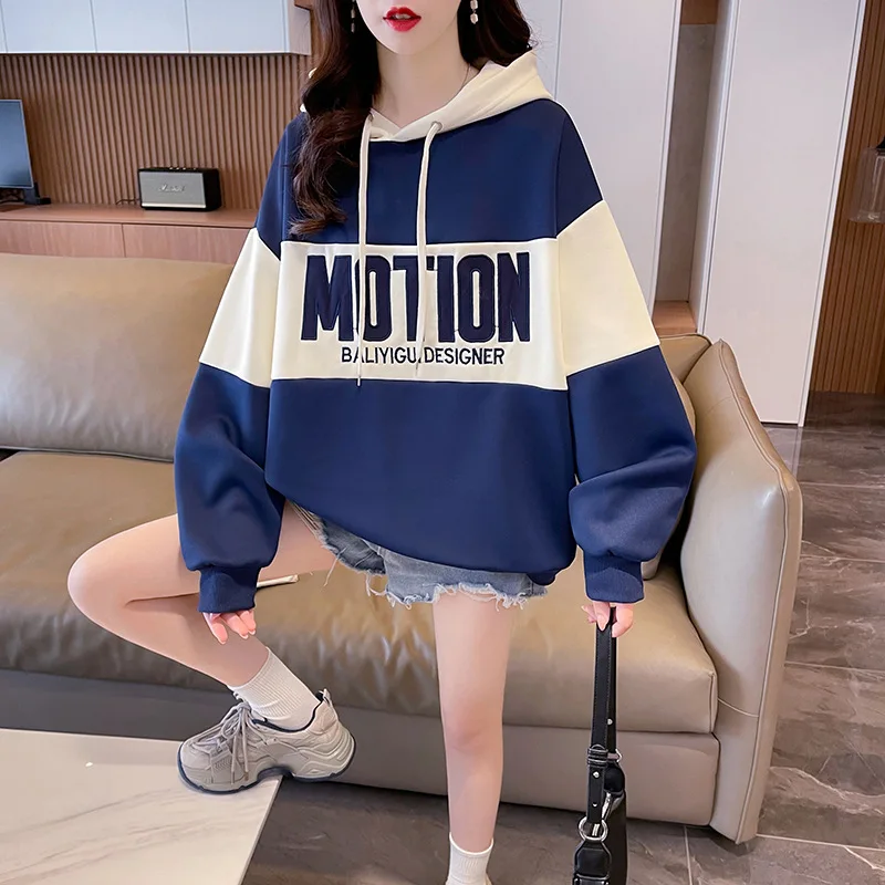 

MOTION-Женские толстовки с буквенным принтом, флисовые, оверсайз, корейский стиль, толстовки с капюшоном для девочек, повседневные пуловеры, осень