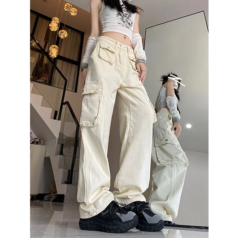 Белые джинсы-карго для женщин свободные прямые брюки с множеством карманов в