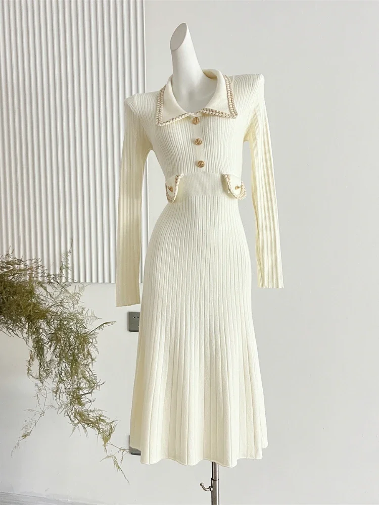 Женское элегантное трикотажное платье осень-зима французское тонкое винтажное