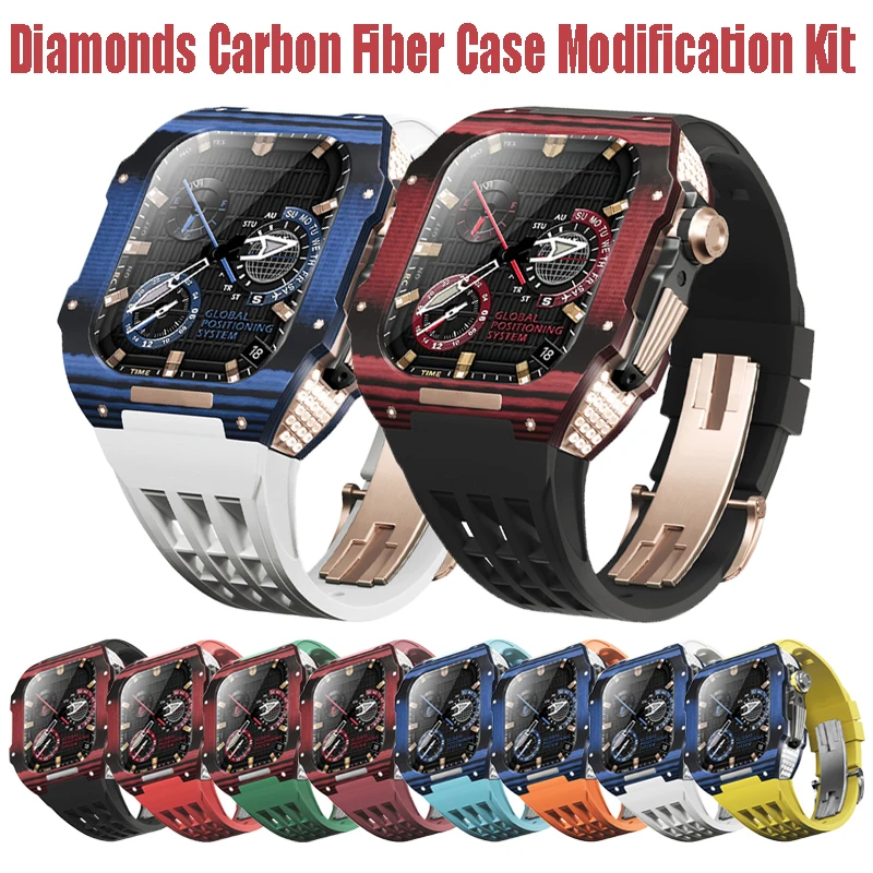 

Luxury Diamonds Case Modification Kit for Apple Watch 8 7 45mm Carbon Fiber Case Strap Bracelet Band for IWatch 7 6 SE 5 4 44mm