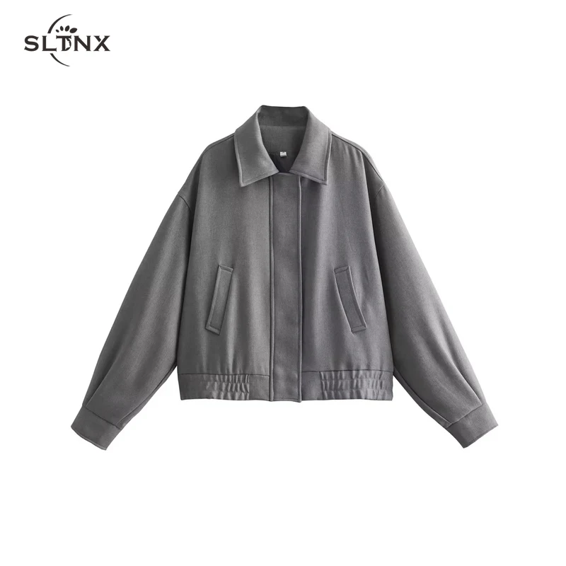 

SLTNX 2023 Jackets for Women Chic Gray Coat Female Turndown Collar with Pockets Jacket Ladies Long Sleeve Elegant Coat Outerwear