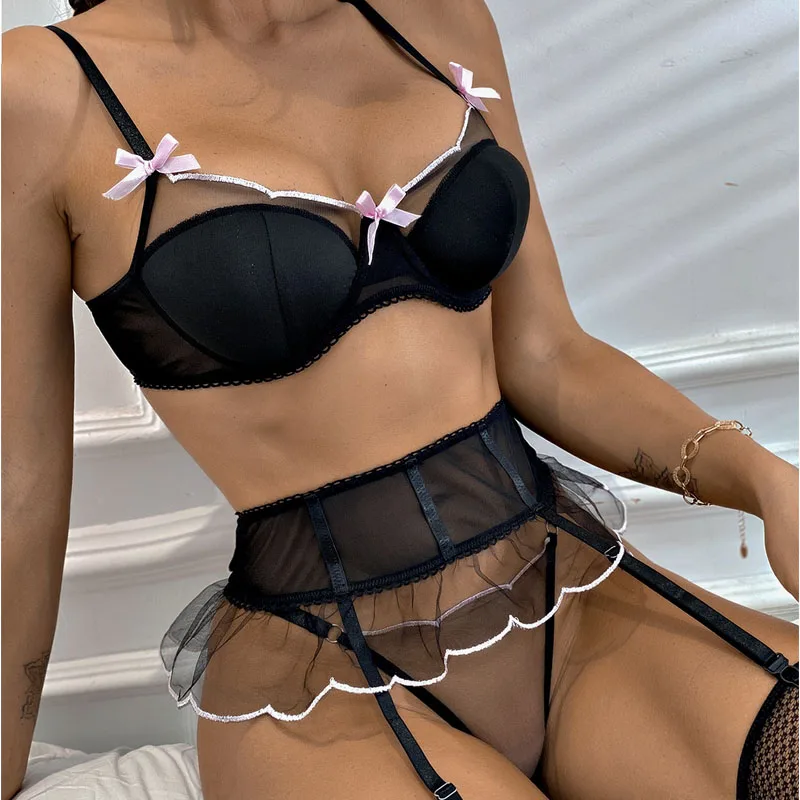 Leechee Сетчатое женское нижнее белье комплект из трех предметов новый с вышивкой