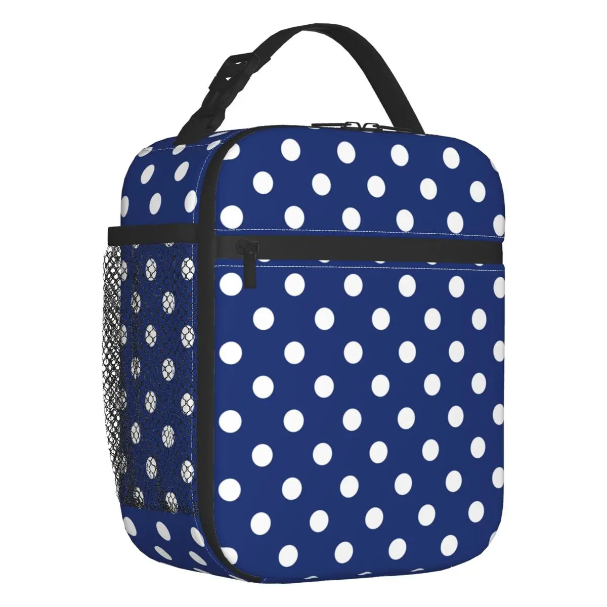White Polka Dots Navy Blue Seamless Pattern Insulated Lunch Bag Waterproof Cooler Thermal Lunch Tote Beach Camping Travel
