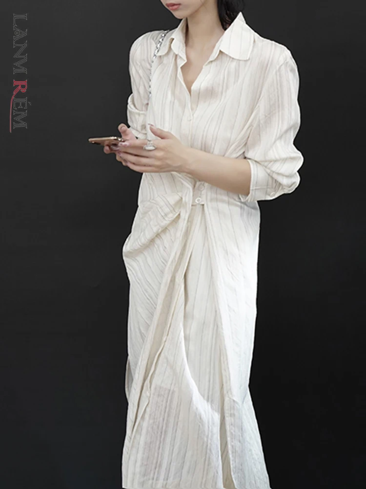 

LANMREM Casual Striped Dress Women Lapel Long Sleeves Single Breasted Dresses Fashion Versatile 2023 Autumn New Clothing CP2050