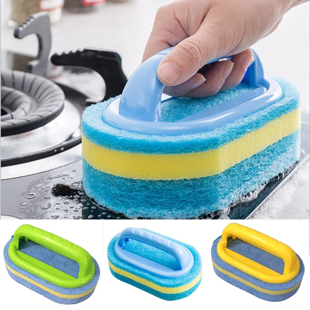 

Многофункциональная губчатая щетка с ручкой, мягкая Чистящая Щетка, кухонный инструмент для чистки ванны, плитки, губка, очиститель многора...