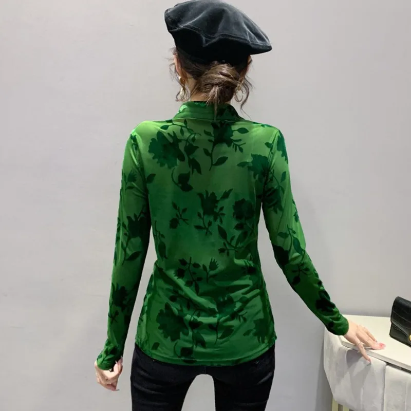 # 4204 зеленая черная сексуальная сетчатая рубашка женская тонкая повседневная