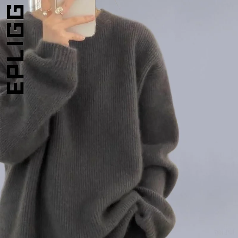 

Epligg Autumn Thick Languid Lazy Wind Dark Gray Sweater Loose Knit Sweater Winter New Round Neck Cashmere Sweater Female