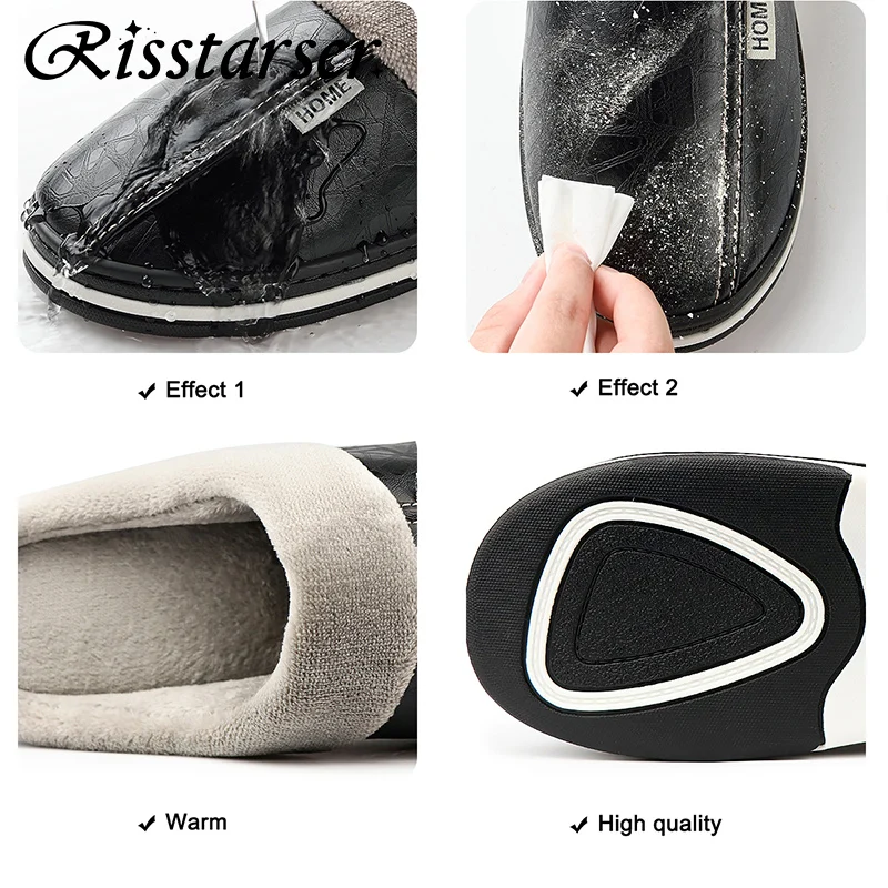 PU Leather Home Slippers For Women 2022 Waterproof Plush Soft Warm Indoor Winter Man Slippers Big Size 50 Non Slip Unisex Shoes