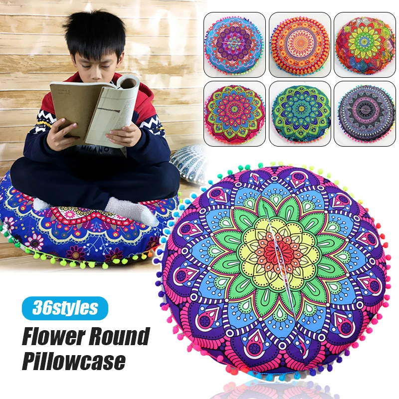 

43cm Round Bohemian Mandala Pattern Cushion Cover Indian Elephant Printed Pouf Retro Tapestry Cover Meditation Floor Pillowscase