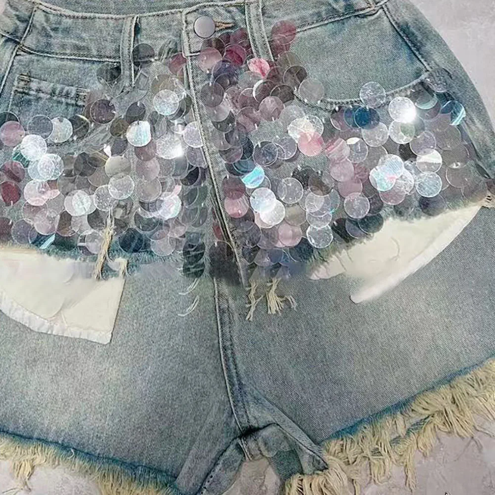 Design Sense Heavy Embroidery Sequins Raw Edge Denim Shorts For Women 2023 Summer New Loose High Waist Slimming A-line Hot Pants
