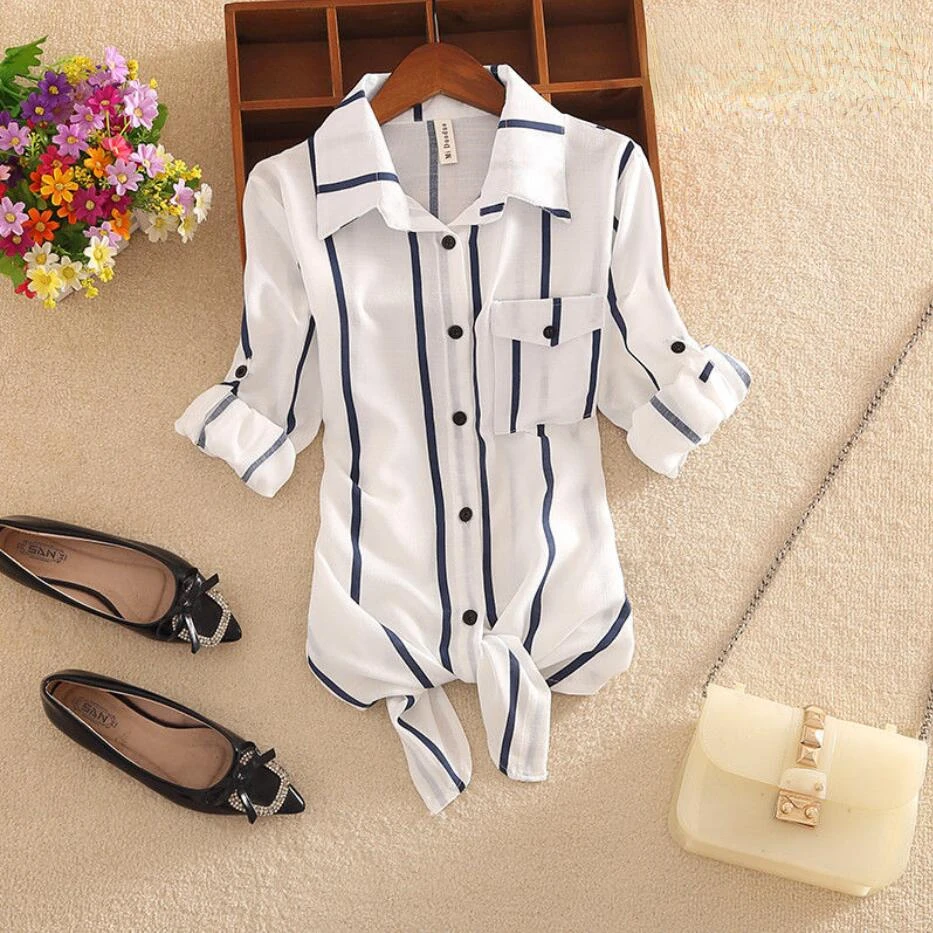 Plaid Print Blouse Fashion Women Striped Shirt Casual Lapel Long Sleeve Button Up Shirts White Tops Office Ladies Blusas Mujer