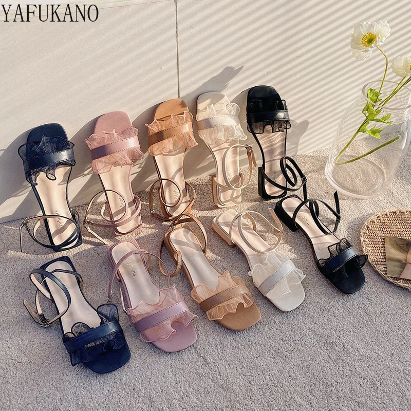 

Elegant Fairy Style Student Sandals Summer Mesh Ruffles Decor Chunky Heel Ankle Strap High Heels Open Toe Low Heel Rome Sandals
