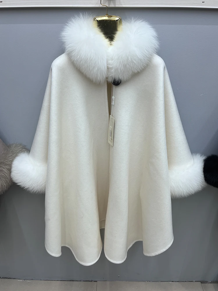 Женское длинное кашемировое пальто шерстяное с воротником из натурального меха