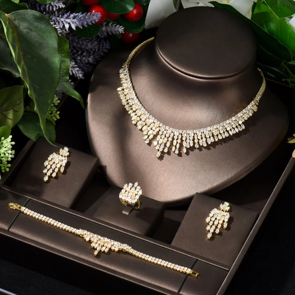 

Fashion White Cubic Zirconia Long Big Tassel Drop Wedding Party Necklace Earrings Jewelry Set for Women Brides Accessories N-152