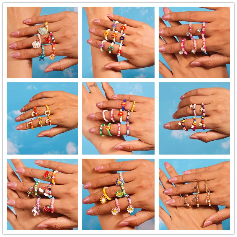 

New Korean Colorful Bohemia Small Flower Rings Sets Handmade Beaded Finger Rings For Women Girls Summer Beach Jewelry Gifts