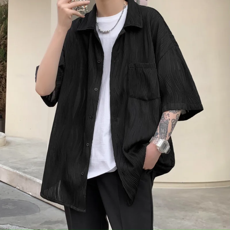 Summer Pleated Shirt Men Fashion Black/white Casual Ice Silk Shirt Men Korean Loose Short-sleeved Shirt Mens Hawaiian Shirt
