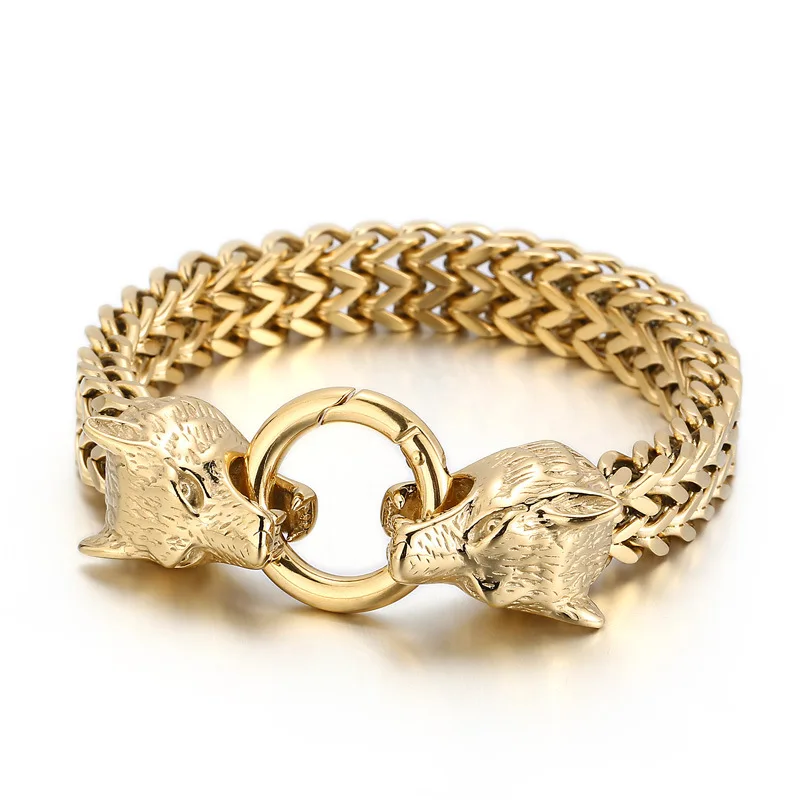 

Never Fade Rock Viking Wolf Charm Bracelet Men's Vintage Stainless Steel Mesh Chain Gold Color Wolf Punk Bracelets Biker Jewelry