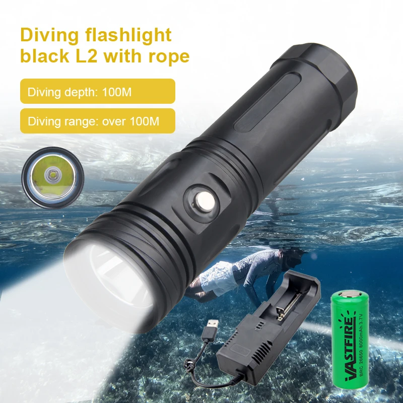 Super bright Diving Flashlight IP8 highest waterproof rating Professional diving light Powered by 26650 battery With hand rope