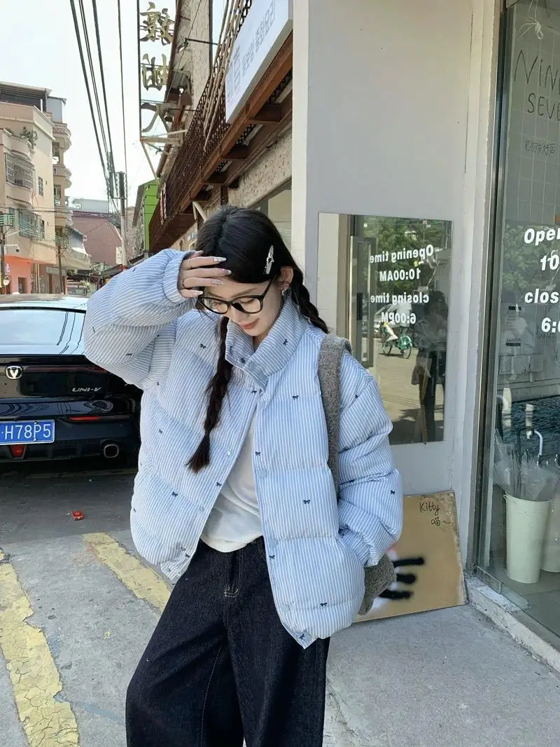 Корейская серия синее хлопковое стеганое пальто с бантом в полоску для женщин