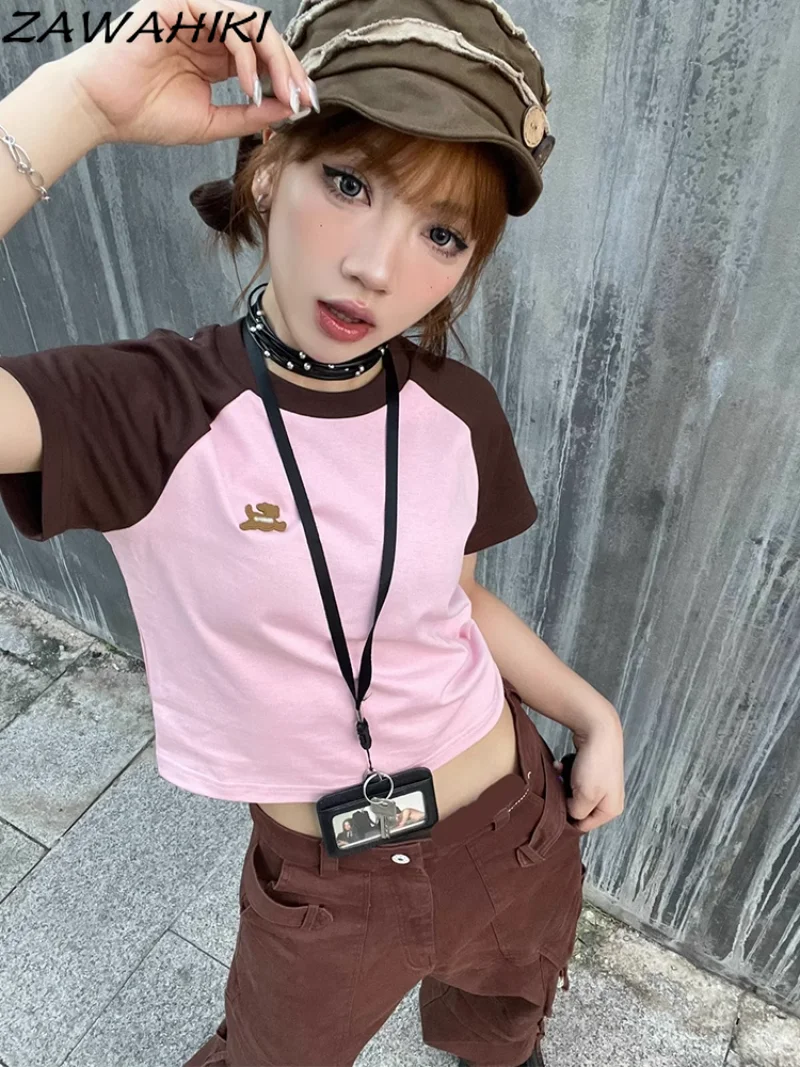 

Женская футболка с коротким рукавом, винтажная облегающая футболка в американском ретро-стиле, контрастных цветов, Y2K, лето