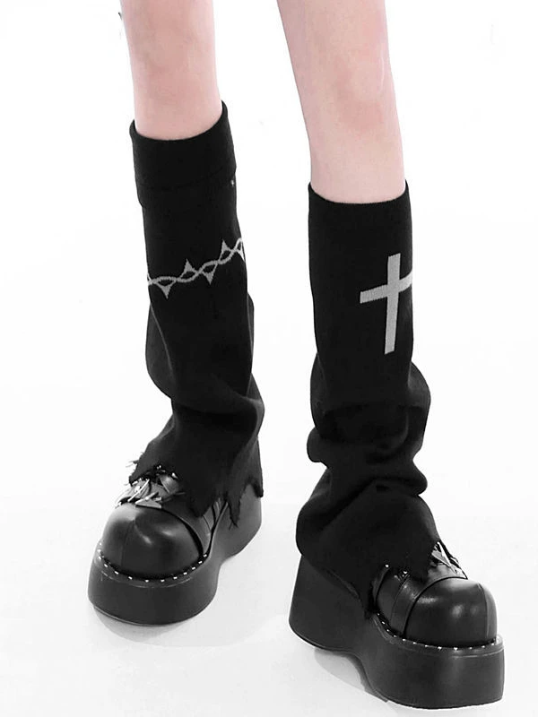 

Lady Black Calf-length Jk Streetwear Harajuku Contrast Color Hip-hop Sock Y2k Punk Cool Cross Sword Printed Leg Warmer 2022