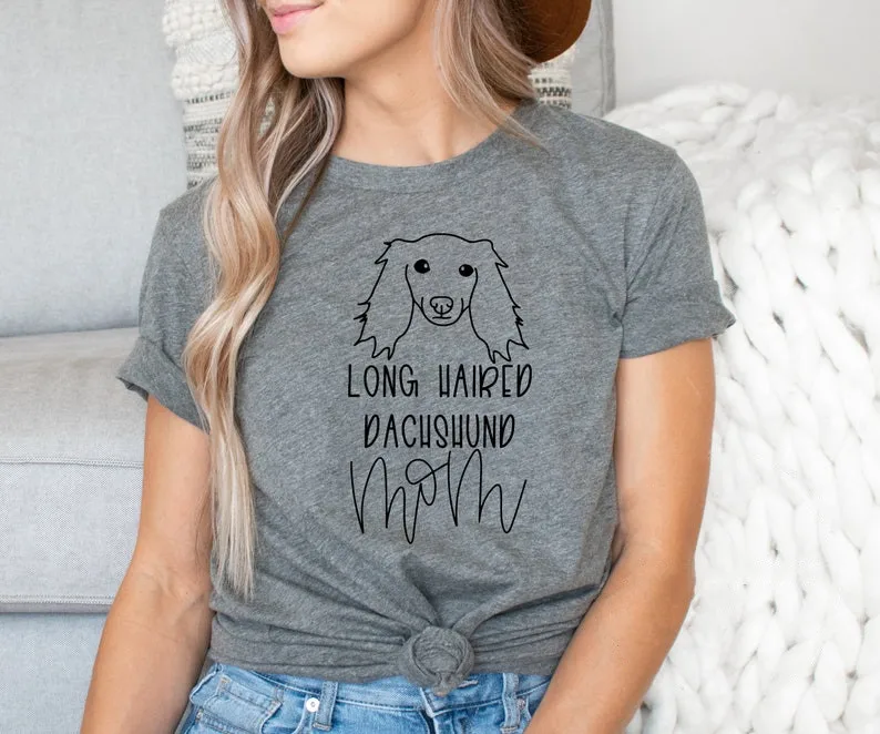 

LONG HAIRED DACHSHUND Mom T-Shirt Dog Mama Shirt Dog lover gift 100% Cotton O Neck Casual Graphic Printed Short-Sleeve Tees