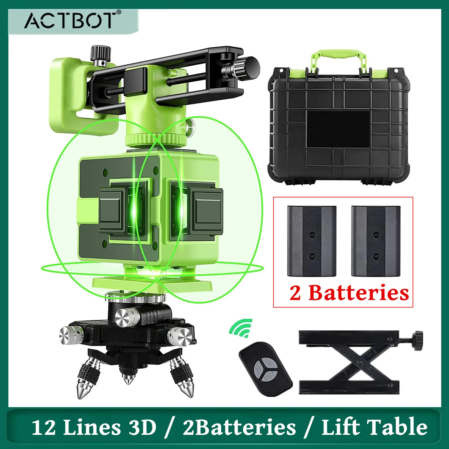 

12 Lines 3D Laser Level Self-Leveling 360° 3D Green Laser Level for ConstructionThree-Plane Cross Line Leveling With 2 Batteries