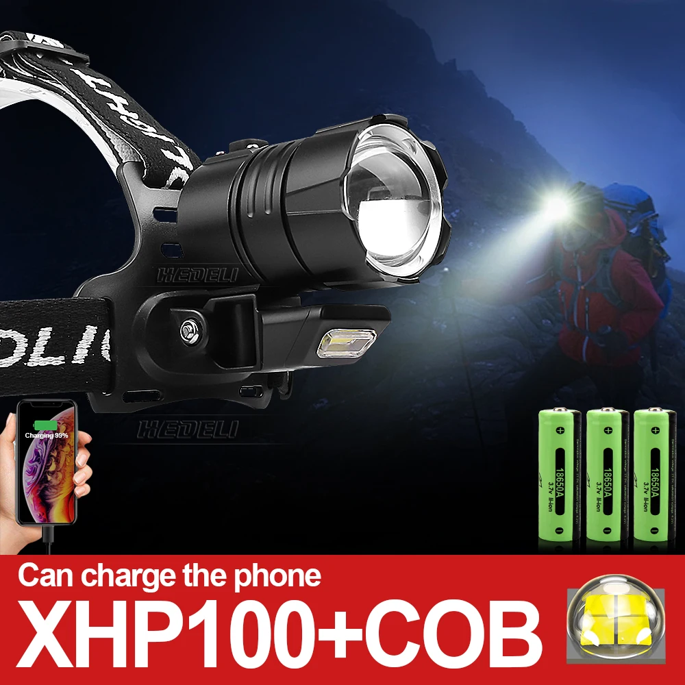

Super XHP100+COB LED Powerful Headlamp Rechargeable Head Flashlight High Power Zoom Headlight 18650 Waterproof Fishing Lantern