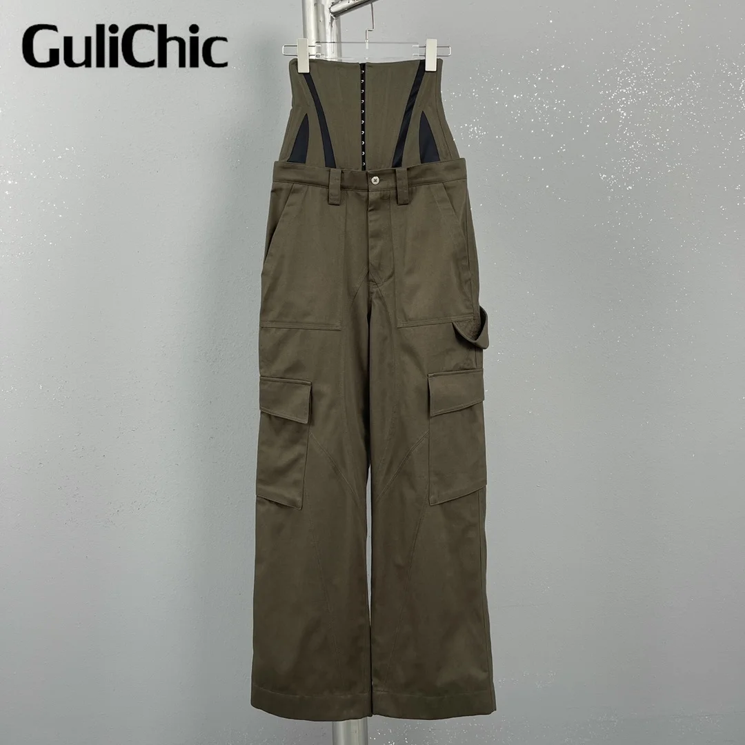 5.9 GuliChic Women Fashion Detachable Elastic Corset Spliced High Waist Straight Cargo Pants