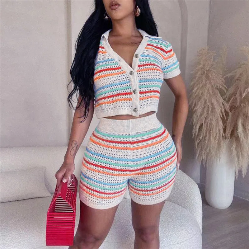 

Knit Striped 2 Piece Set Women Colorful Short Sleeve Crop Top + Shorts Matching Suit Crochet Turn-Down Collar Outfit Streetwear