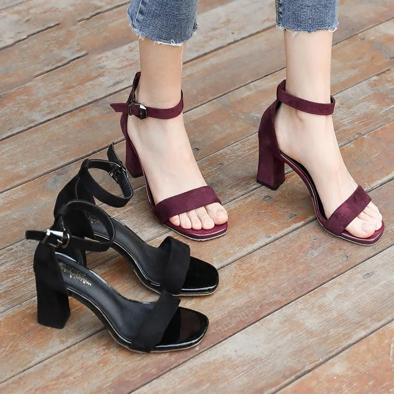 

FHANCHU 2023 New Women Flock Sandals,Fashion Summer High Heels Shoes,Open Toe,Ankle Buckle Strap,Black,Wine-red,Dropship