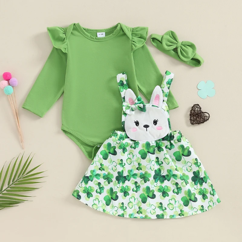 

Newborn Baby Girl St Patricks Day Outfit Ruffle Long Sleeve Romper Clover Plaid Suspender Skirt Animal Cute Clothes
