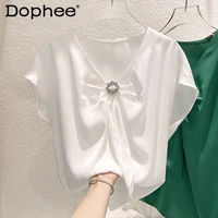 2022 top women new temperament slimming solid color v neck pleated beaded pullover short sleeve chiffon t shirt summer tees