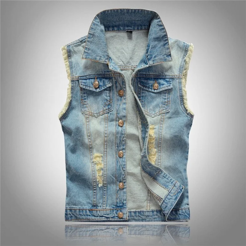 

Streetwear Korean Slim Fit Denim Vest Jacket Men Ripped Pocket Splicing Coat Summer Single-Breasted Turn-down Collar Vest