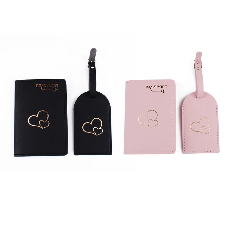 

28GD 2pcs Passport Holder Cover Luggage Tag Wallet PU Leather Card Case Travel Bride Groom Wedding Gift Cards Organizer