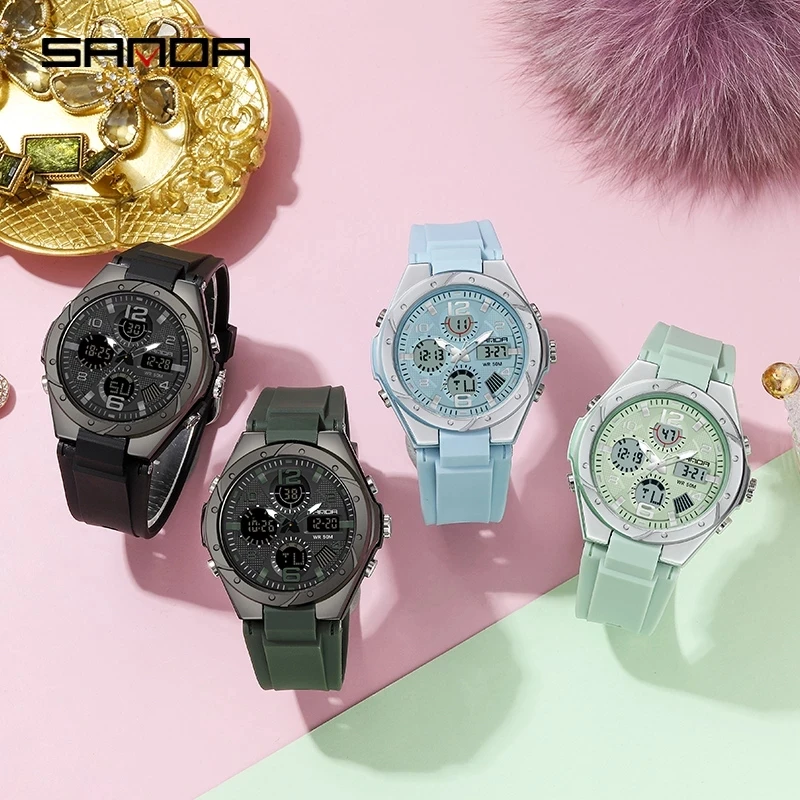 SANDA Sky Blue Watch for Women Analog-Digital Unisex Wristwatch 2023 Fashion Resin Bandwatch Men Watch Luminous Stop Watch 6062