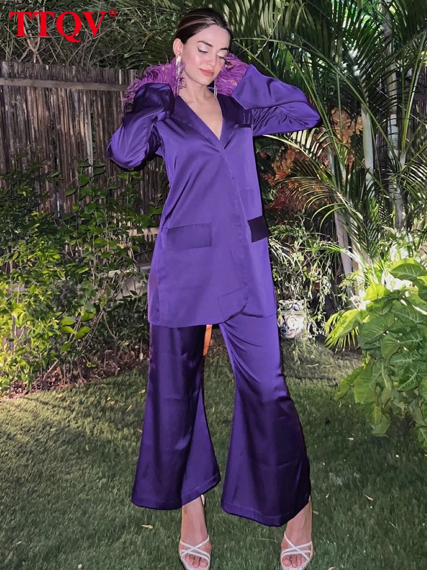 

Комплект одежды TTQV женский атласный из 2 предметов, элегантная Однотонная рубашка с длинным рукавом и перьями и брюки до щиколотки с широкими штанинами, фиолетовый цвет